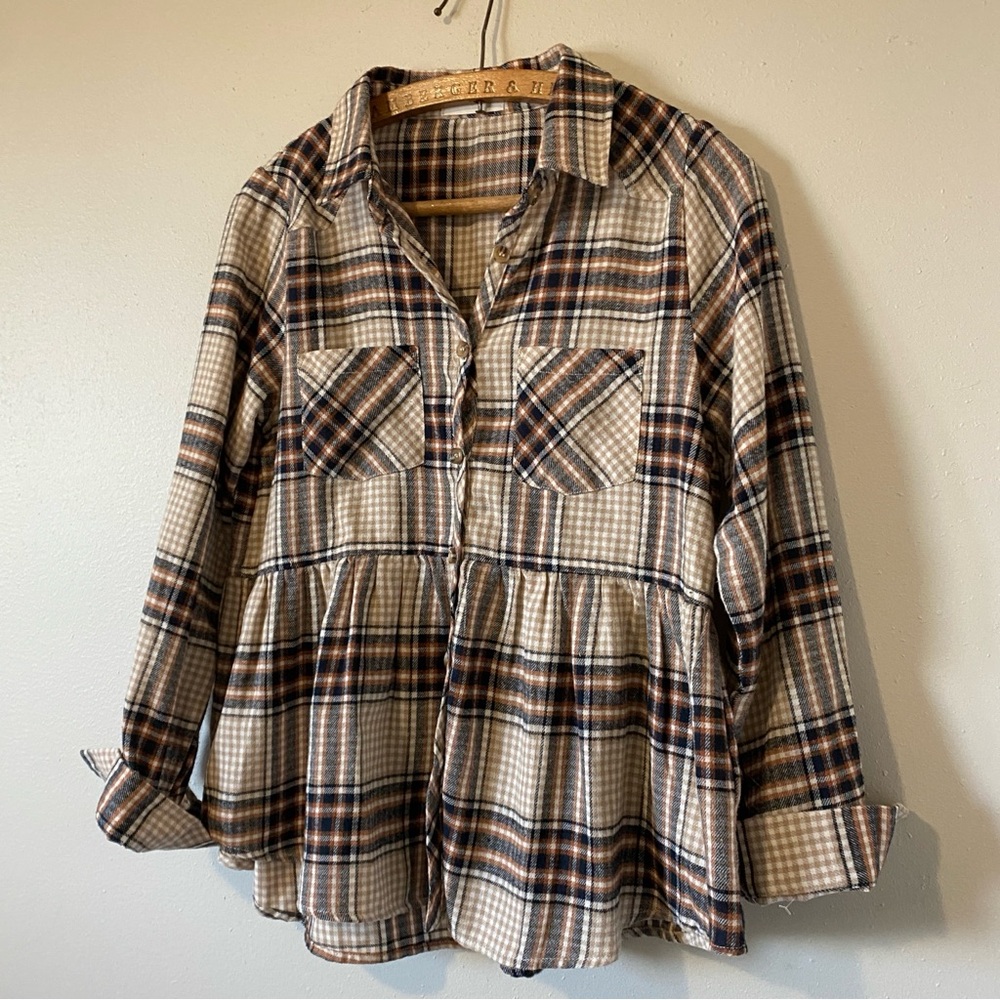 Sale! Closet Clean Out! The Nines Peplum Ruffle Plaid Button Down Flannel